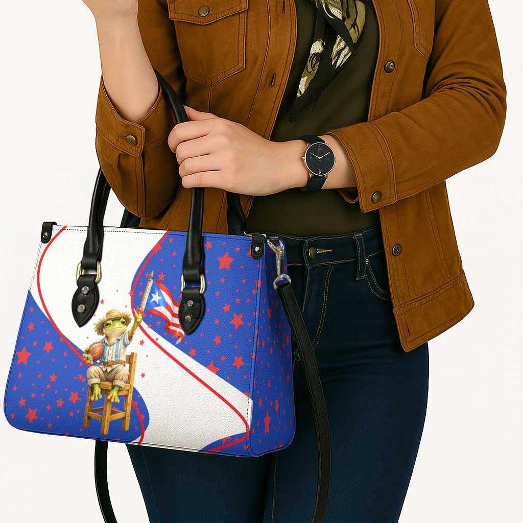 Puerto Rico Coquí Frog Football Fan Leather Bag Whimsical Cartoon Style with Patriotic Elements