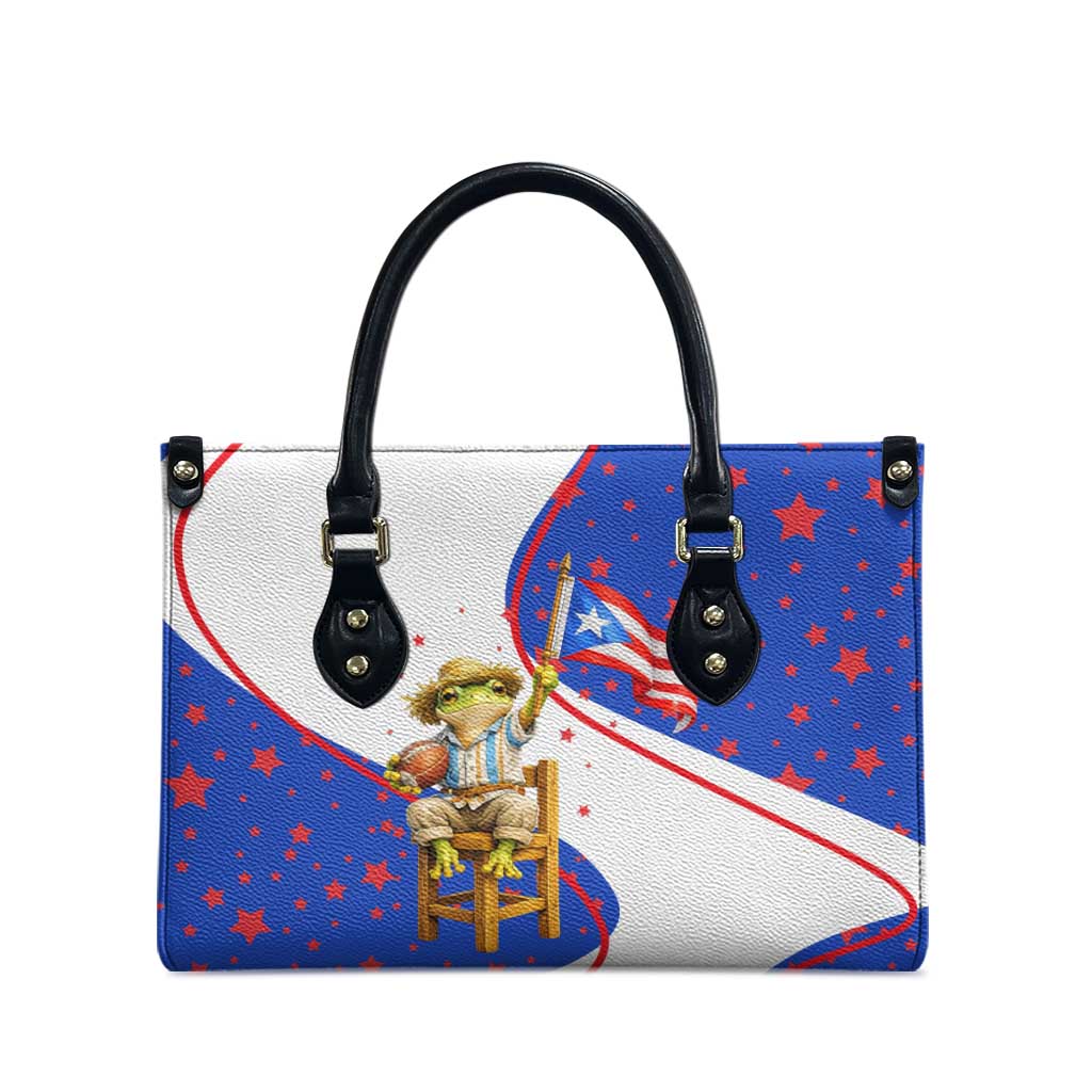 Puerto Rico Coquí Frog Football Fan Leather Bag Whimsical Cartoon Style with Patriotic Elements