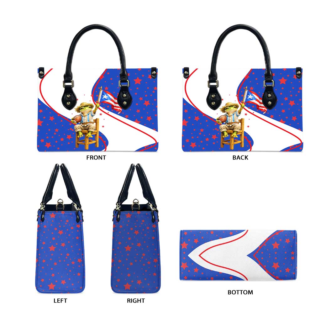 Puerto Rico Coquí Frog Football Fan Leather Bag Whimsical Cartoon Style with Patriotic Elements