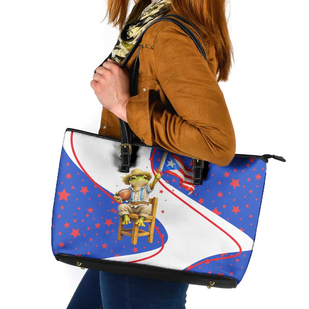 Puerto Rico Coquí Frog Football Fan Leather Tote Bag Whimsical Cartoon Style with Patriotic Elements