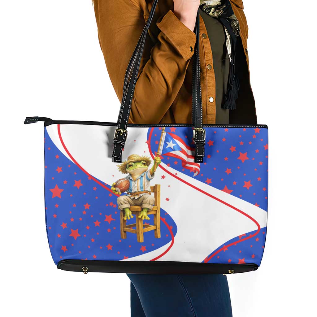 Puerto Rico Coquí Frog Football Fan Leather Tote Bag Whimsical Cartoon Style with Patriotic Elements
