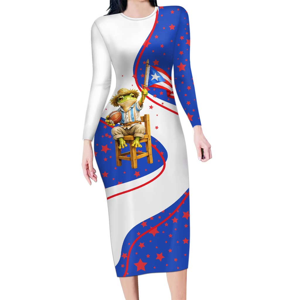 Puerto Rico Coquí Frog Football Fan Long Sleeve Bodycon Dress Whimsical Cartoon Style with Patriotic Elements