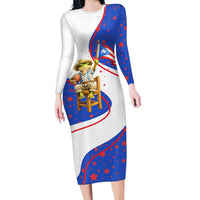 Puerto Rico Coquí Frog Football Fan Long Sleeve Bodycon Dress Whimsical Cartoon Style with Patriotic Elements