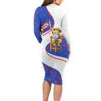 Puerto Rico Coquí Frog Football Fan Long Sleeve Bodycon Dress Whimsical Cartoon Style with Patriotic Elements