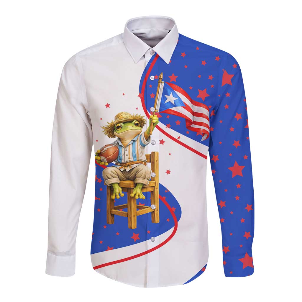 Puerto Rico Coquí Frog Football Fan Long Sleeve Button Shirt Whimsical Cartoon Style with Patriotic Elements