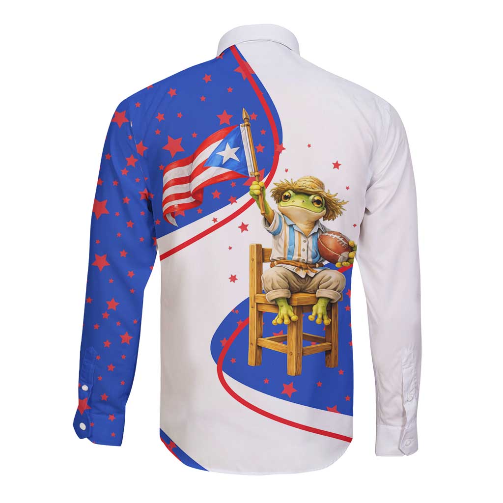 Puerto Rico Coquí Frog Football Fan Long Sleeve Button Shirt Whimsical Cartoon Style with Patriotic Elements