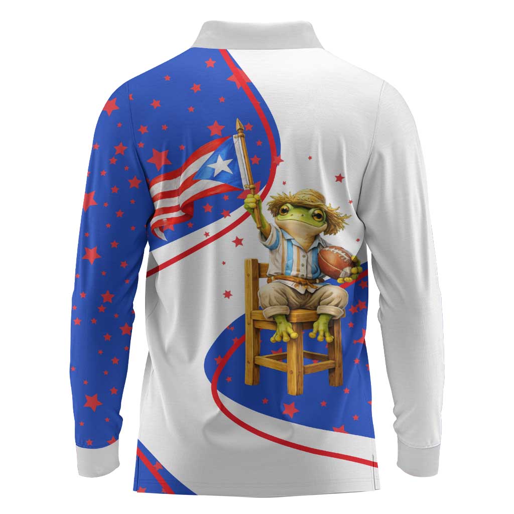 Puerto Rico Coquí Frog Football Fan Long Sleeve Polo Shirt Whimsical Cartoon Style with Patriotic Elements