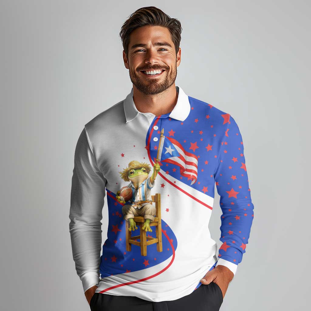 Puerto Rico Coquí Frog Football Fan Long Sleeve Polo Shirt Whimsical Cartoon Style with Patriotic Elements