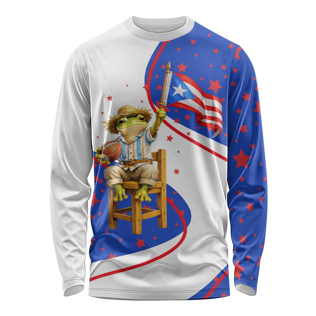 Puerto Rico Coquí Frog Football Fan Long Sleeve Shirt Whimsical Cartoon Style with Patriotic Elements