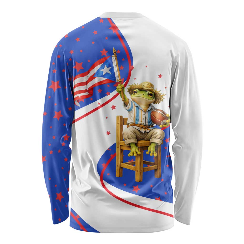 Puerto Rico Coquí Frog Football Fan Long Sleeve Shirt Whimsical Cartoon Style with Patriotic Elements