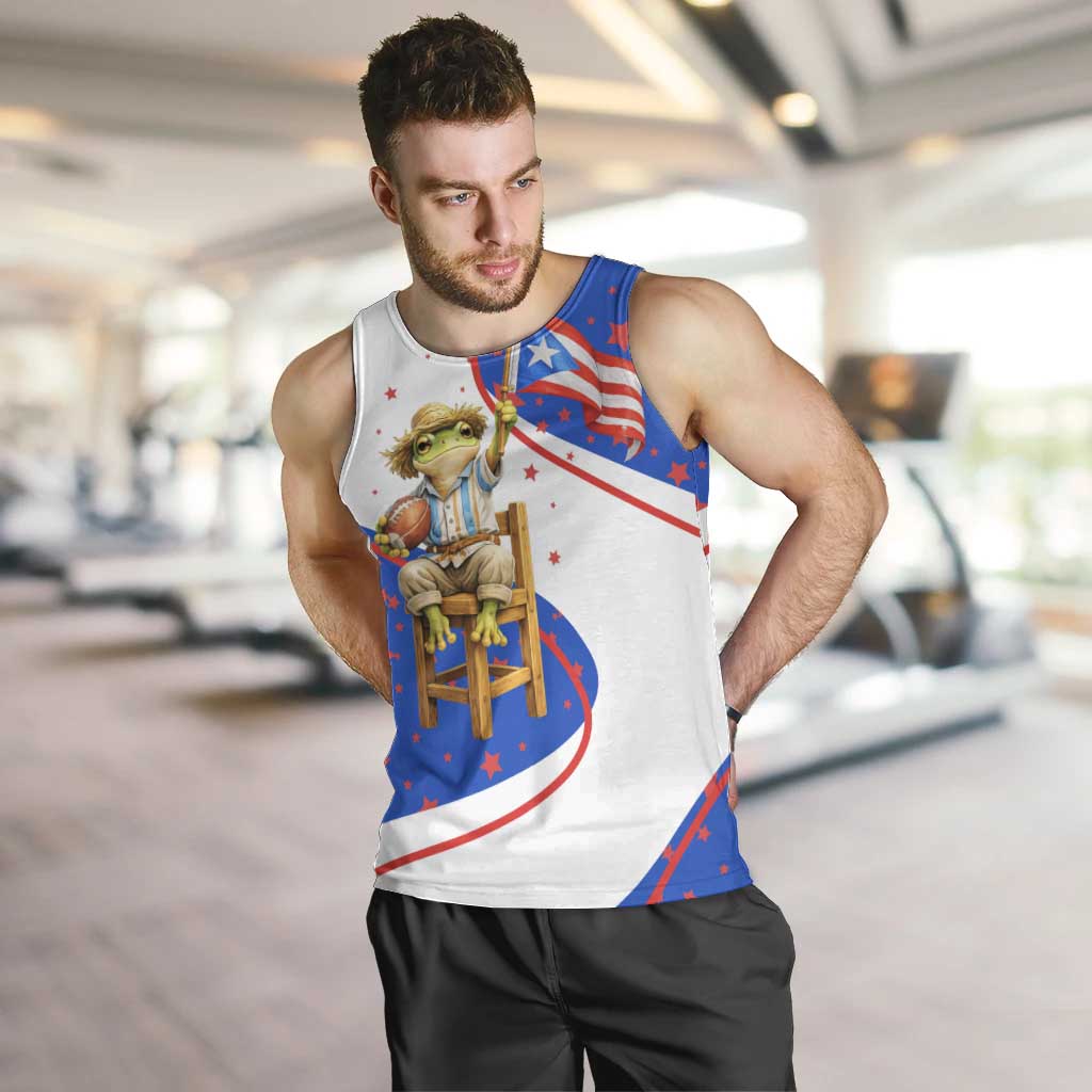 Puerto Rico Coquí Frog Football Fan Men Tank Top Whimsical Cartoon Style with Patriotic Elements