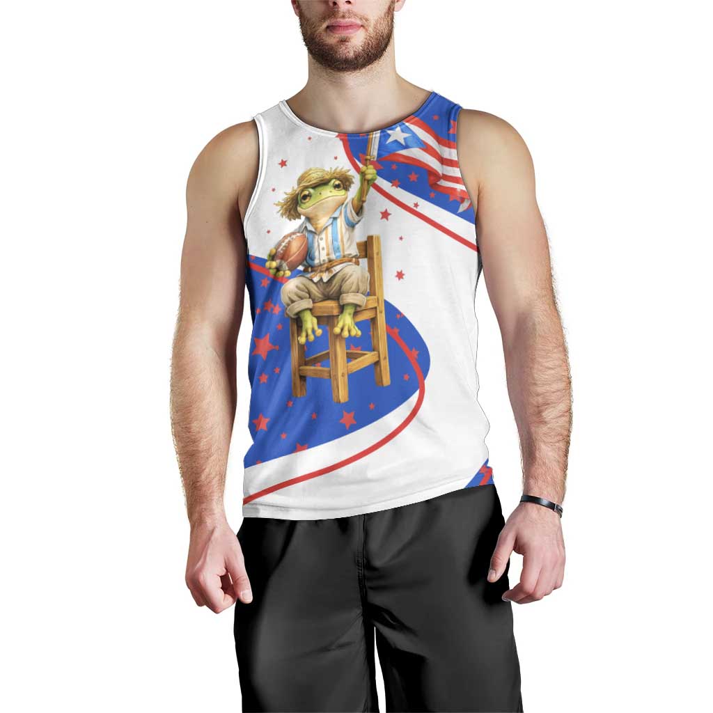 Puerto Rico Coquí Frog Football Fan Men Tank Top Whimsical Cartoon Style with Patriotic Elements
