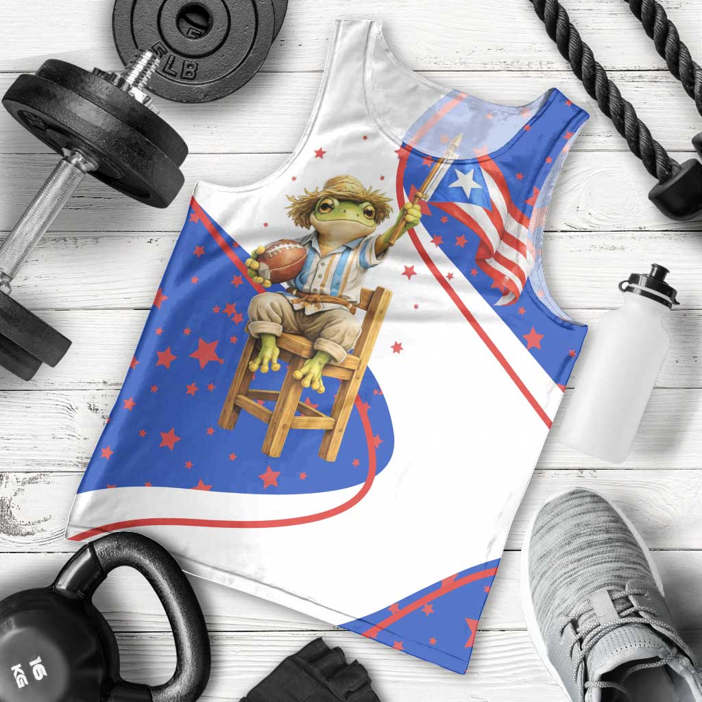Puerto Rico Coquí Frog Football Fan Men Tank Top Whimsical Cartoon Style with Patriotic Elements