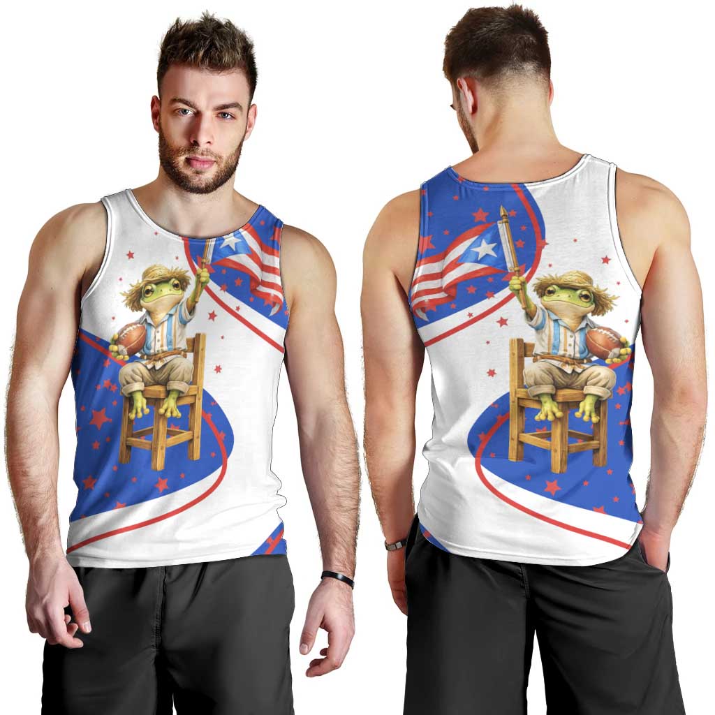 Puerto Rico Coquí Frog Football Fan Men Tank Top Whimsical Cartoon Style with Patriotic Elements
