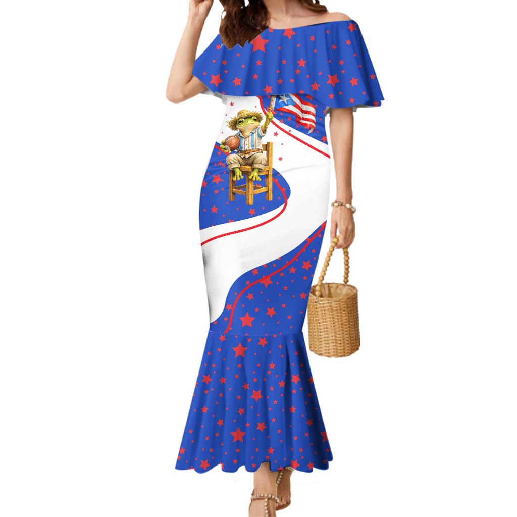 Puerto Rico Coquí Frog Football Fan Mermaid Dress Whimsical Cartoon Style with Patriotic Elements