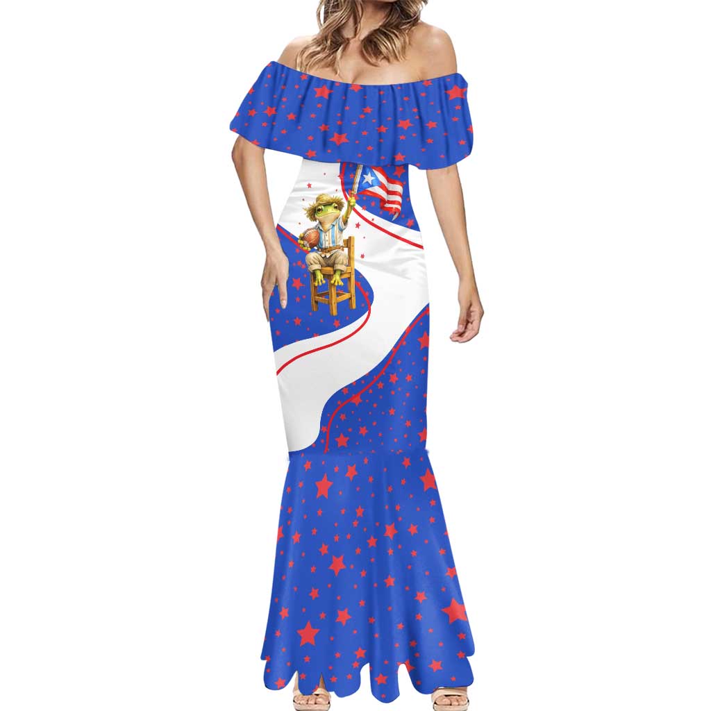 Puerto Rico Coquí Frog Football Fan Mermaid Dress Whimsical Cartoon Style with Patriotic Elements
