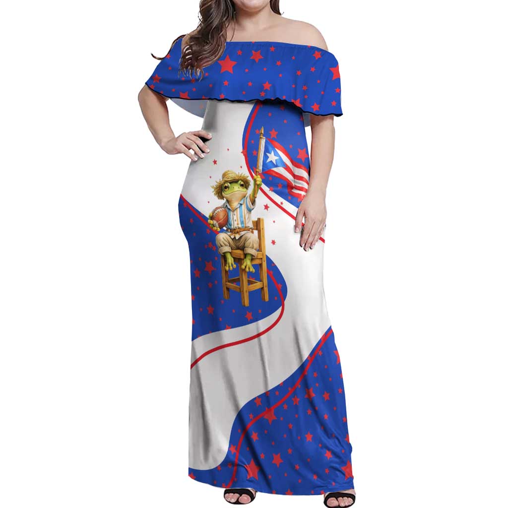 Puerto Rico Coquí Frog Football Fan Off Shoulder Maxi Dress Whimsical Cartoon Style with Patriotic Elements
