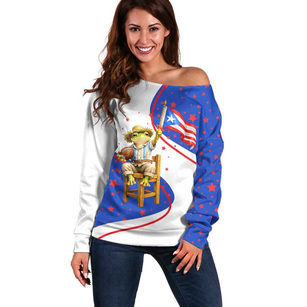 Puerto Rico Coquí Frog Football Fan Off Shoulder Sweater Whimsical Cartoon Style with Patriotic Elements