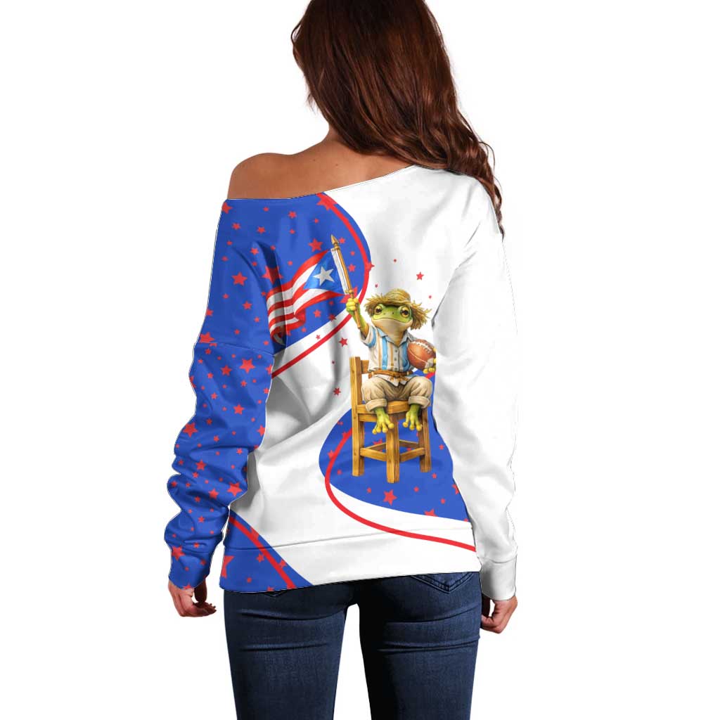 Puerto Rico Coquí Frog Football Fan Off Shoulder Sweater Whimsical Cartoon Style with Patriotic Elements