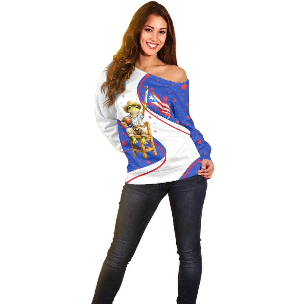 Puerto Rico Coquí Frog Football Fan Off Shoulder Sweater Whimsical Cartoon Style with Patriotic Elements