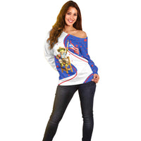 Puerto Rico Coquí Frog Football Fan Off Shoulder Sweater Whimsical Cartoon Style with Patriotic Elements