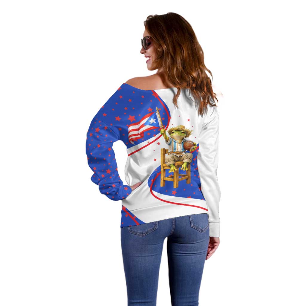 Puerto Rico Coquí Frog Football Fan Off Shoulder Sweater Whimsical Cartoon Style with Patriotic Elements