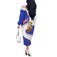 Puerto Rico Coquí Frog Football Fan Off The Shoulder Long Sleeve Dress Whimsical Cartoon Style with Patriotic Elements