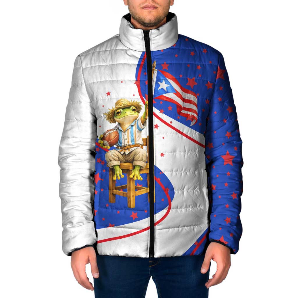 Puerto Rico Coquí Frog Football Fan Padded Jacket Whimsical Cartoon Style with Patriotic Elements