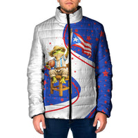 Puerto Rico Coquí Frog Football Fan Padded Jacket Whimsical Cartoon Style with Patriotic Elements