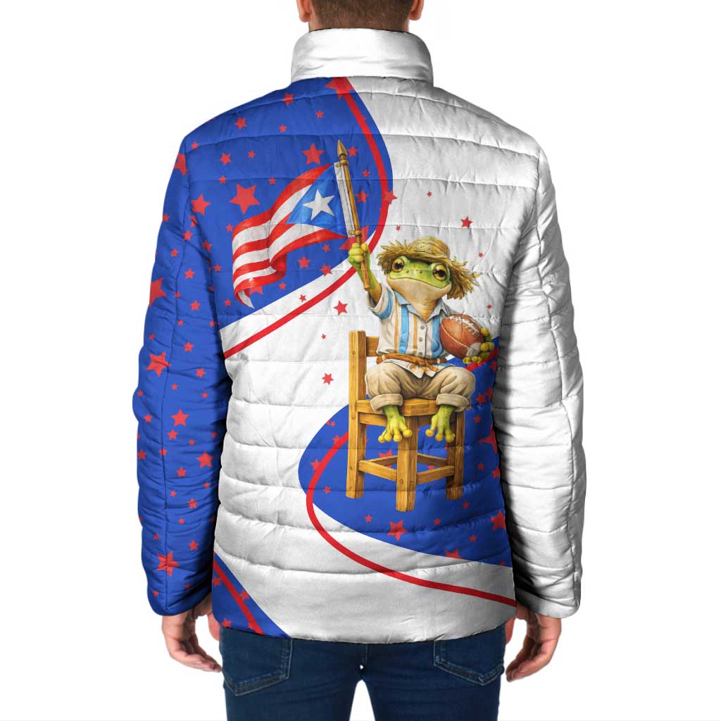 Puerto Rico Coquí Frog Football Fan Padded Jacket Whimsical Cartoon Style with Patriotic Elements