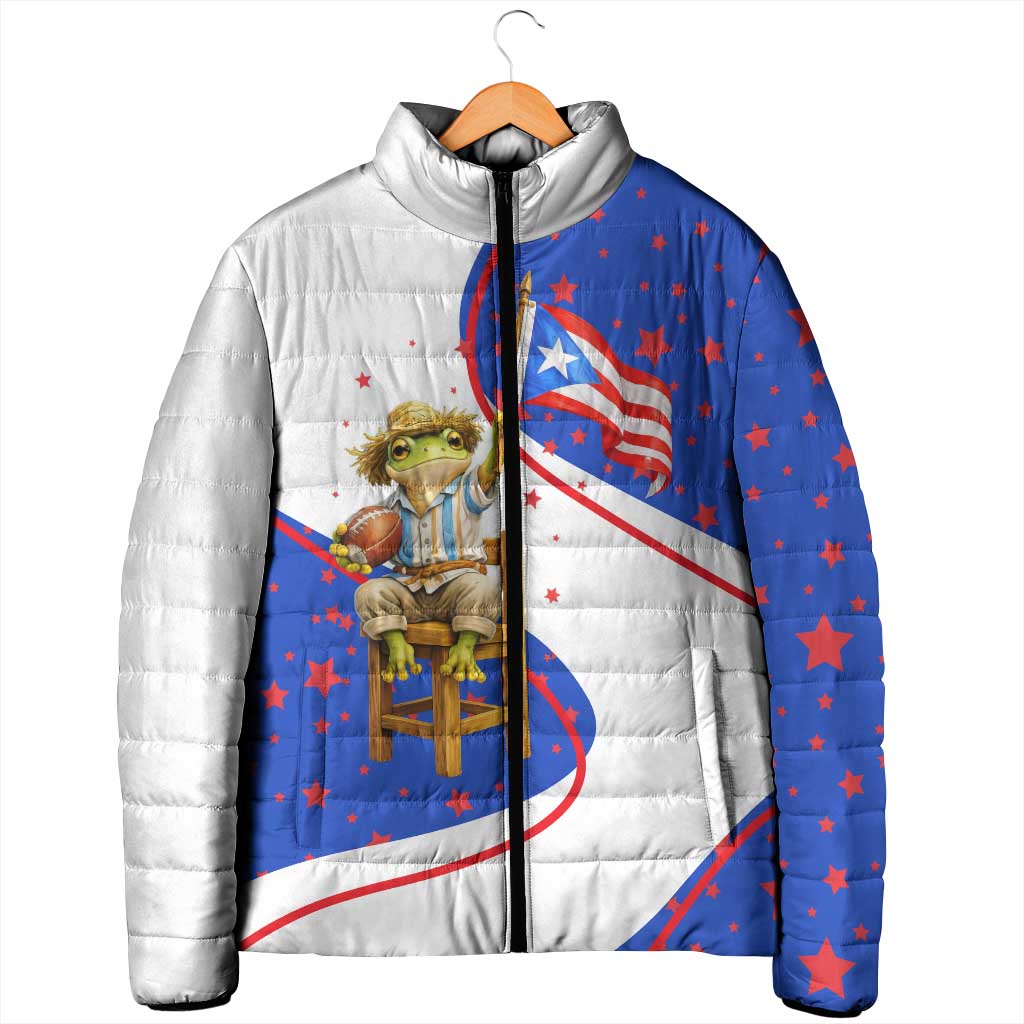 Puerto Rico Coquí Frog Football Fan Padded Jacket Whimsical Cartoon Style with Patriotic Elements