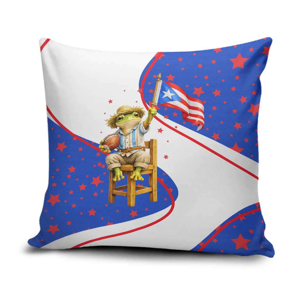 Puerto Rico Coquí Frog Football Fan Pillow Cover Whimsical Cartoon Style with Patriotic Elements