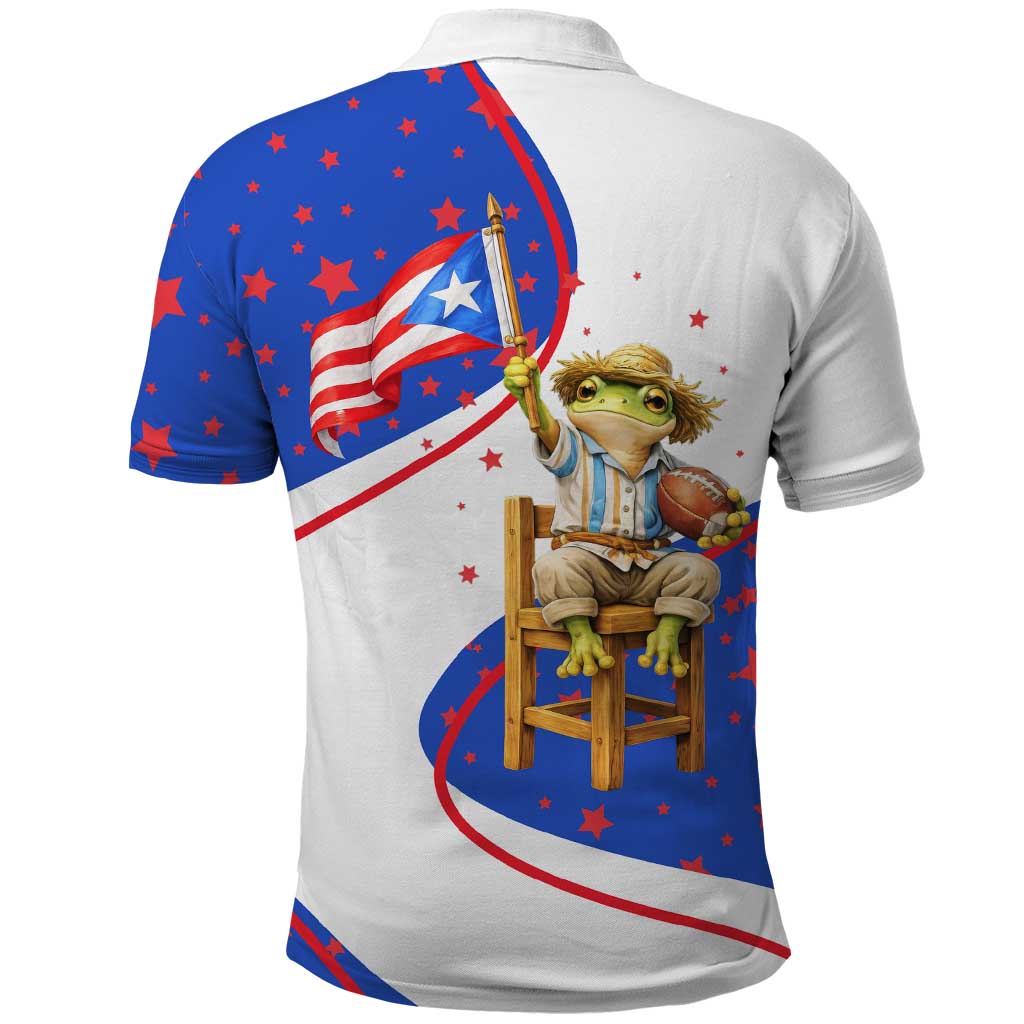 Puerto Rico Coquí Frog Football Fan Polo Shirt Whimsical Cartoon Style with Patriotic Elements