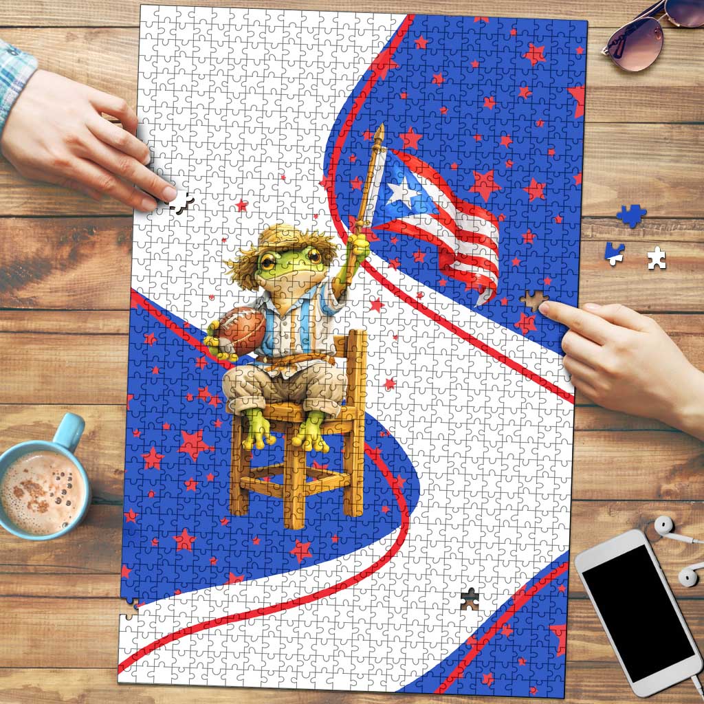 Puerto Rico Coquí Frog Football Fan Puzzle Whimsical Cartoon Style with Patriotic Elements