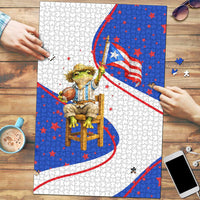 Puerto Rico Coquí Frog Football Fan Puzzle Whimsical Cartoon Style with Patriotic Elements