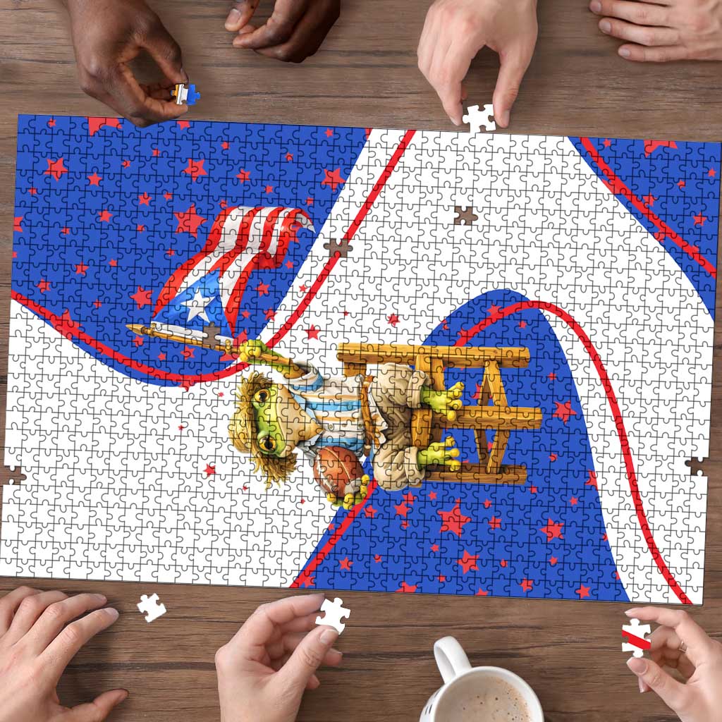 Puerto Rico Coquí Frog Football Fan Puzzle Whimsical Cartoon Style with Patriotic Elements