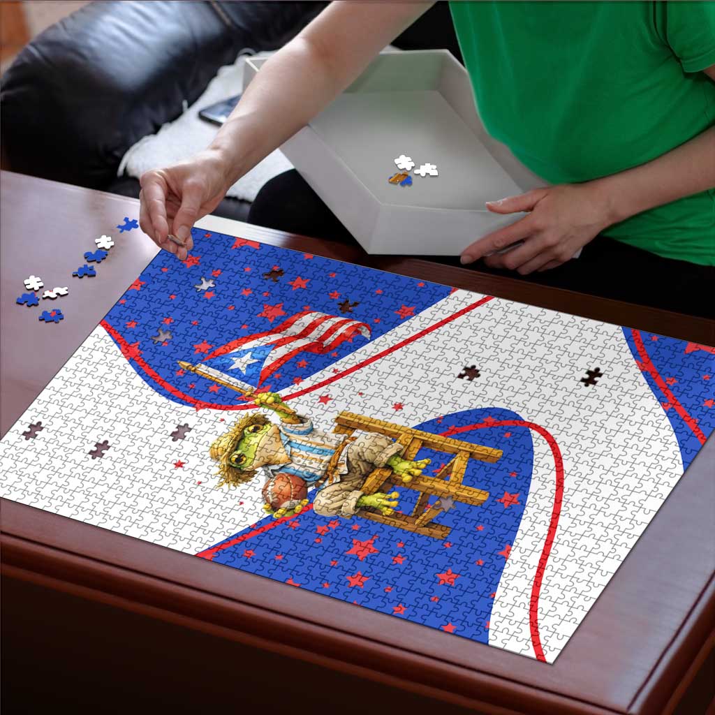 Puerto Rico Coquí Frog Football Fan Puzzle Whimsical Cartoon Style with Patriotic Elements