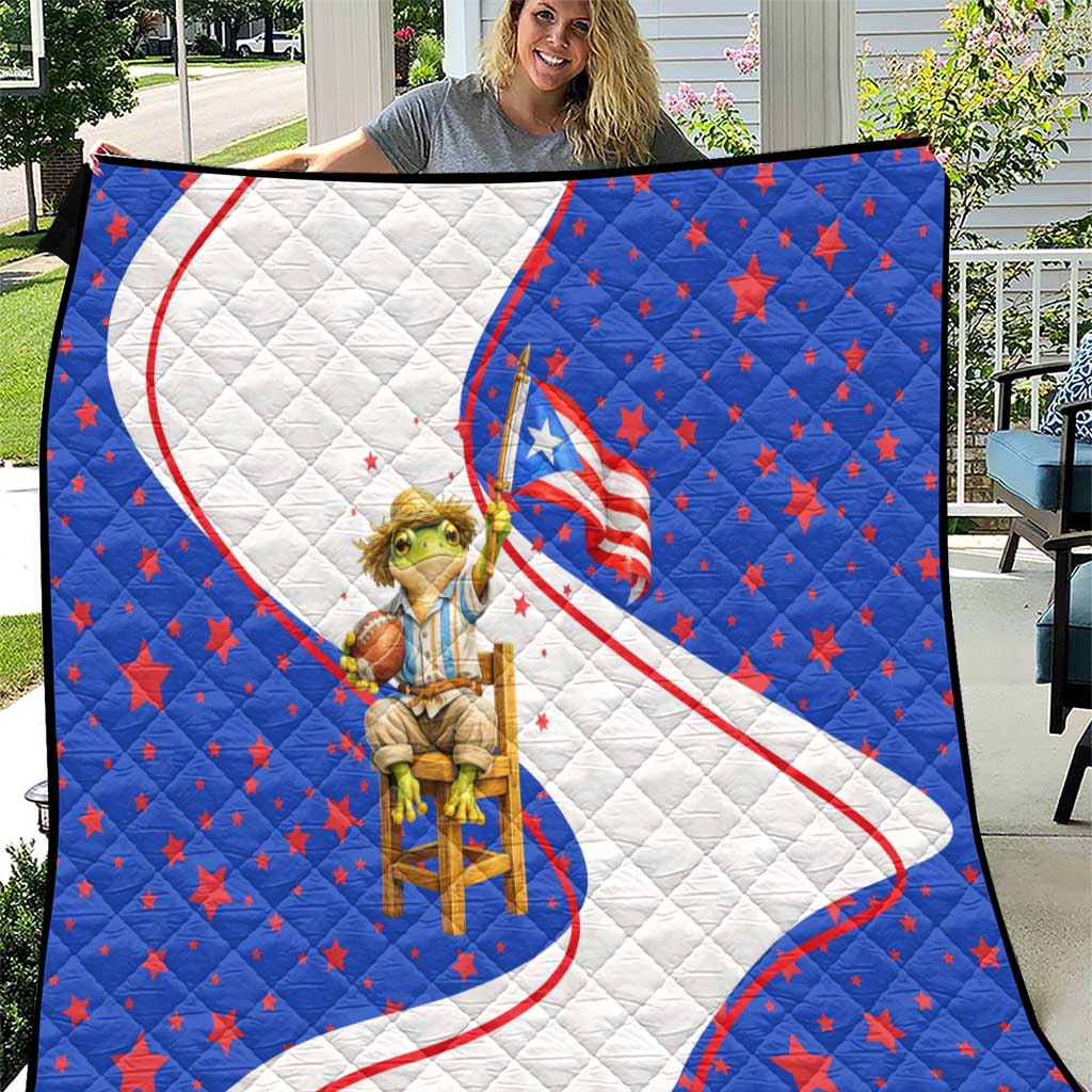 Puerto Rico Coquí Frog Football Fan Quilt Whimsical Cartoon Style with Patriotic Elements