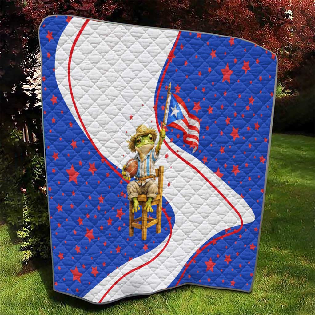 Puerto Rico Coquí Frog Football Fan Quilt Whimsical Cartoon Style with Patriotic Elements