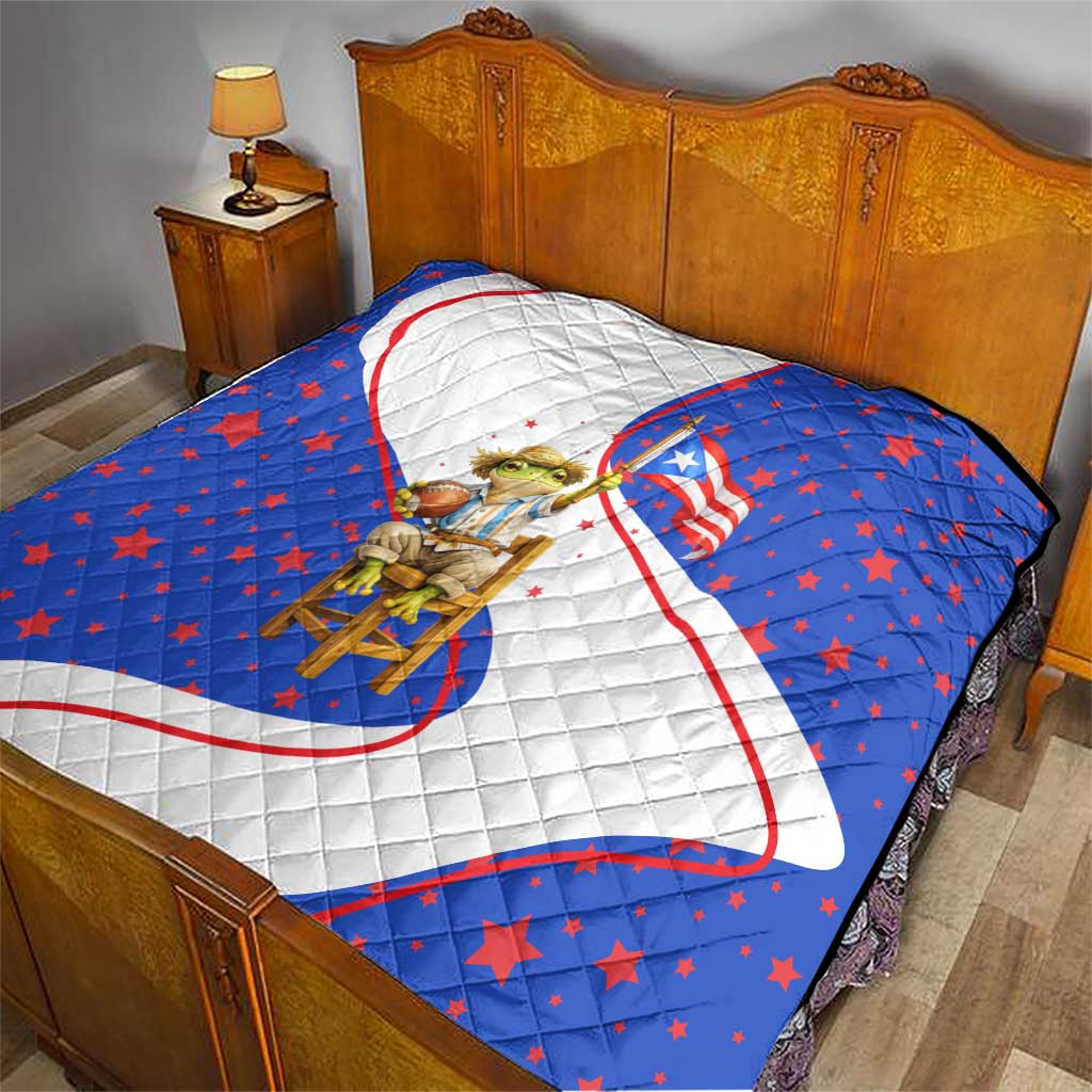 Puerto Rico Coquí Frog Football Fan Quilt Whimsical Cartoon Style with Patriotic Elements