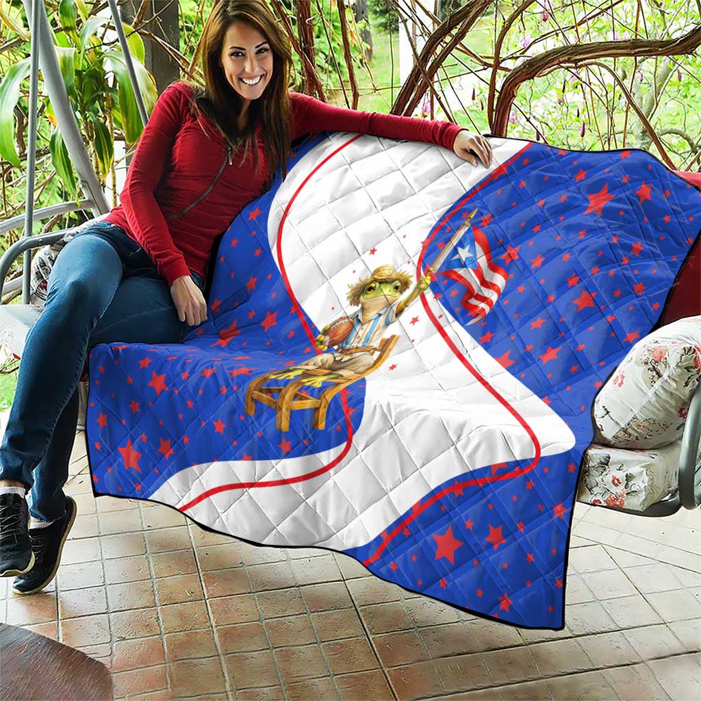 Puerto Rico Coquí Frog Football Fan Quilt Whimsical Cartoon Style with Patriotic Elements