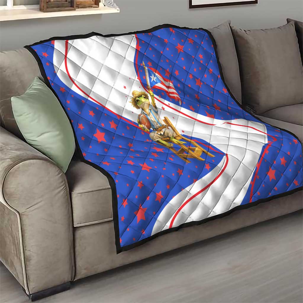 Puerto Rico Coquí Frog Football Fan Quilt Whimsical Cartoon Style with Patriotic Elements