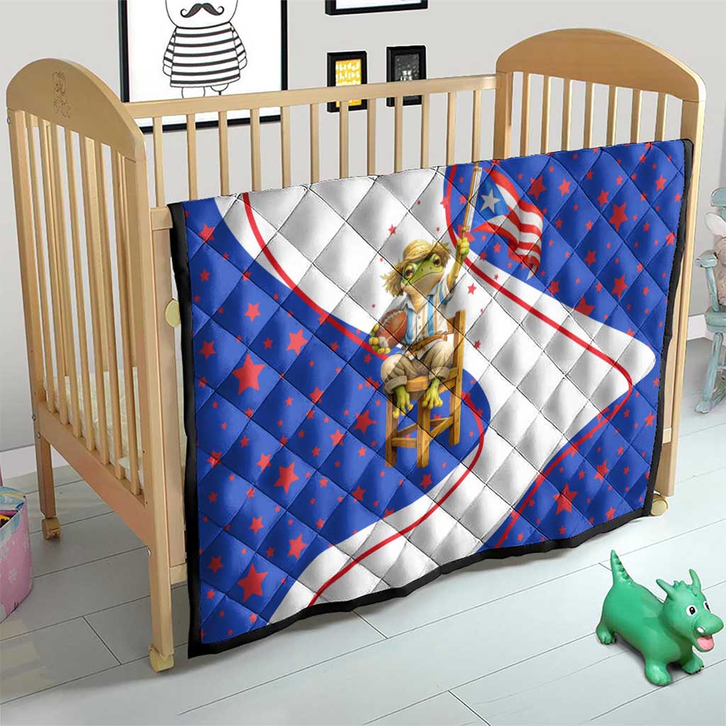 Puerto Rico Coquí Frog Football Fan Quilt Whimsical Cartoon Style with Patriotic Elements