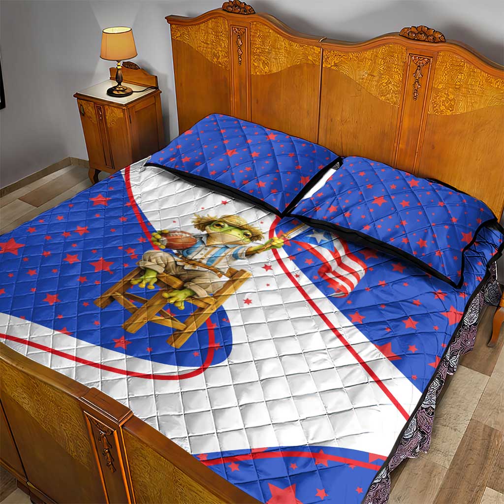 Puerto Rico Coquí Frog Football Fan Quilt Bed Set Whimsical Cartoon Style with Patriotic Elements