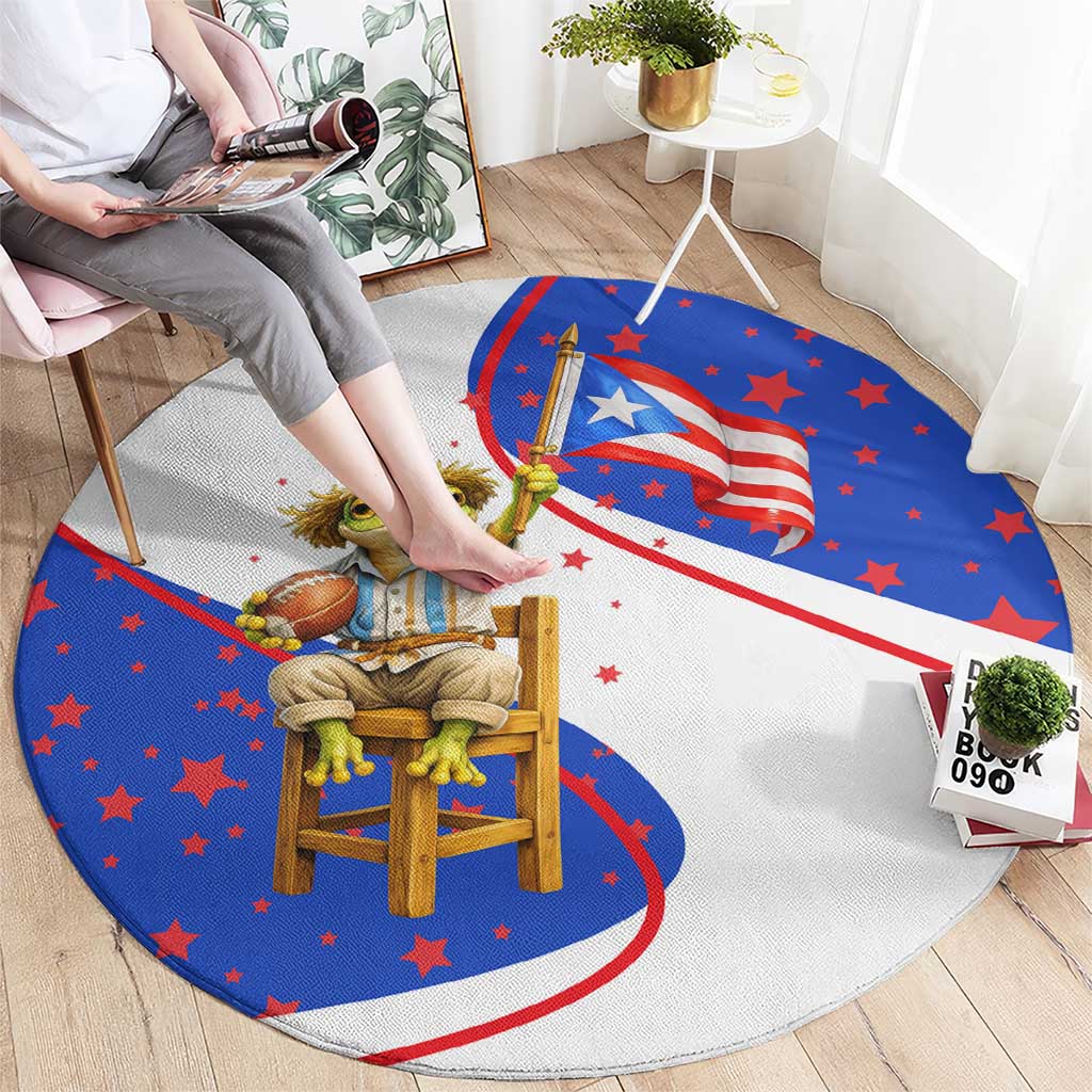 Puerto Rico Coquí Frog Football Fan Round Carpet Whimsical Cartoon Style with Patriotic Elements