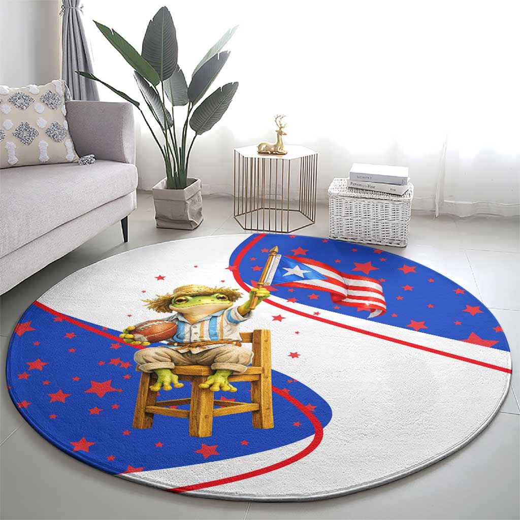 Puerto Rico Coquí Frog Football Fan Round Carpet Whimsical Cartoon Style with Patriotic Elements