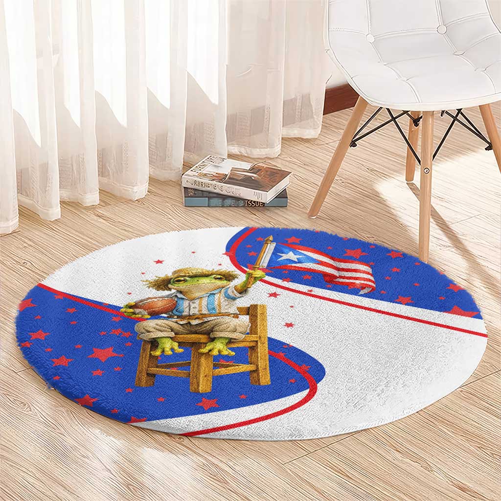 Puerto Rico Coquí Frog Football Fan Round Carpet Whimsical Cartoon Style with Patriotic Elements
