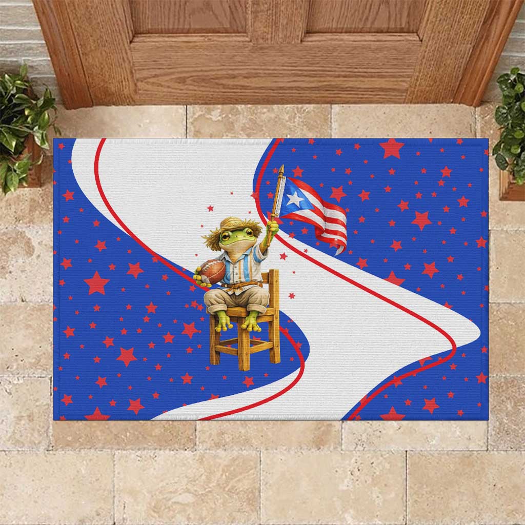 Puerto Rico Coquí Frog Football Fan Rubber Doormat Whimsical Cartoon Style with Patriotic Elements