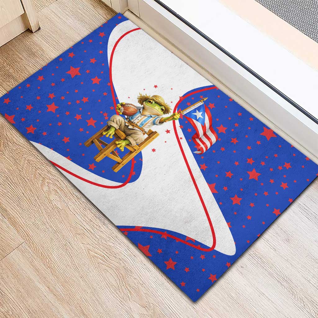 Puerto Rico Coquí Frog Football Fan Rubber Doormat Whimsical Cartoon Style with Patriotic Elements