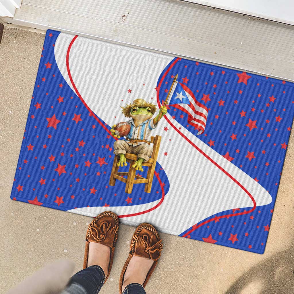 Puerto Rico Coquí Frog Football Fan Rubber Doormat Whimsical Cartoon Style with Patriotic Elements